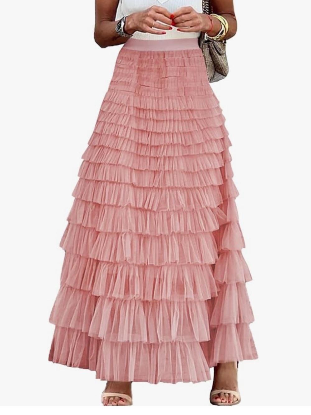 Gratoryna Rose Pink Tulle Layered Ruffle Elastic Waist Long Maxi Skirt Small NWT